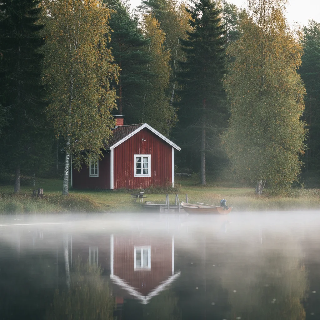 Rote schwedische Stuga am See im Morgenlicht mit Nebel