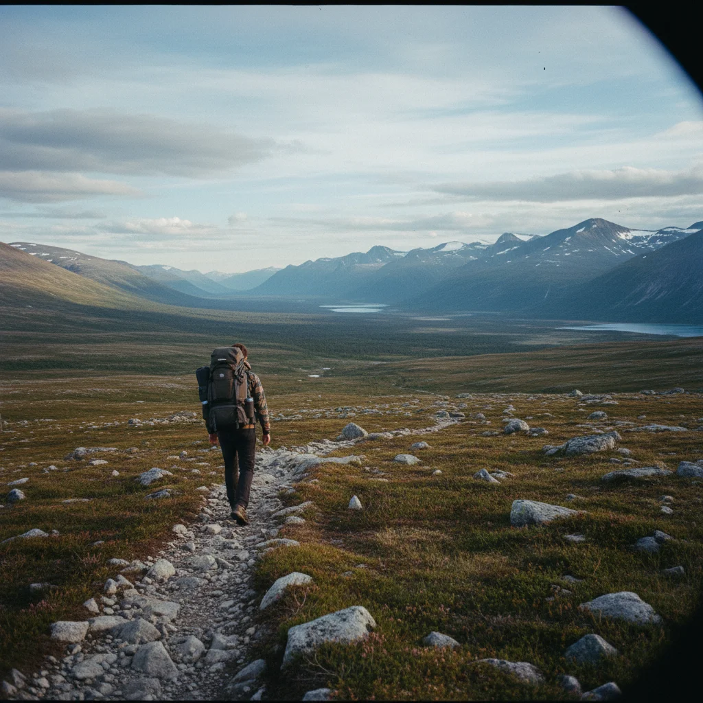 Wanderer auf einem Pfad im schwedischen Fjäll mit Bergen und weiter Sicht
