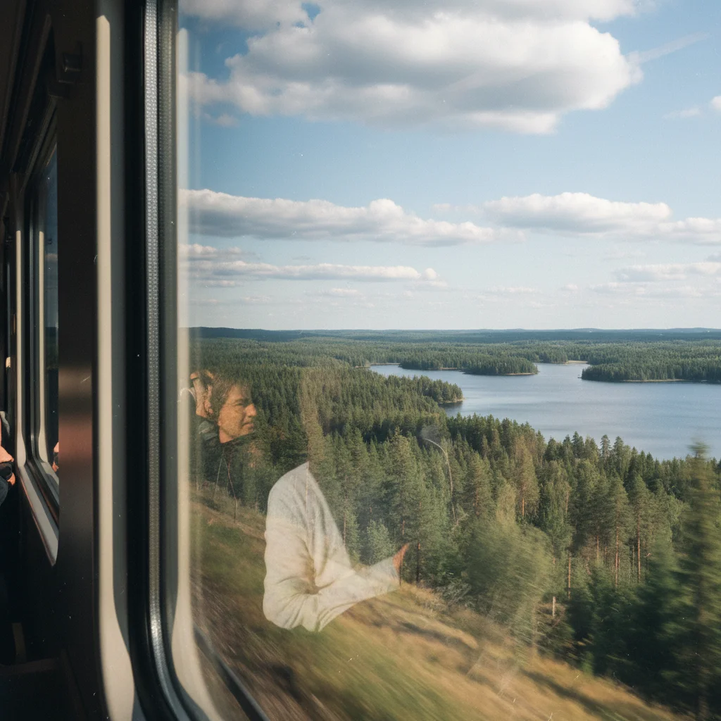 Zugfahrt durch schwedische Landschaft mit Wäldern und Seen aus dem Fenster