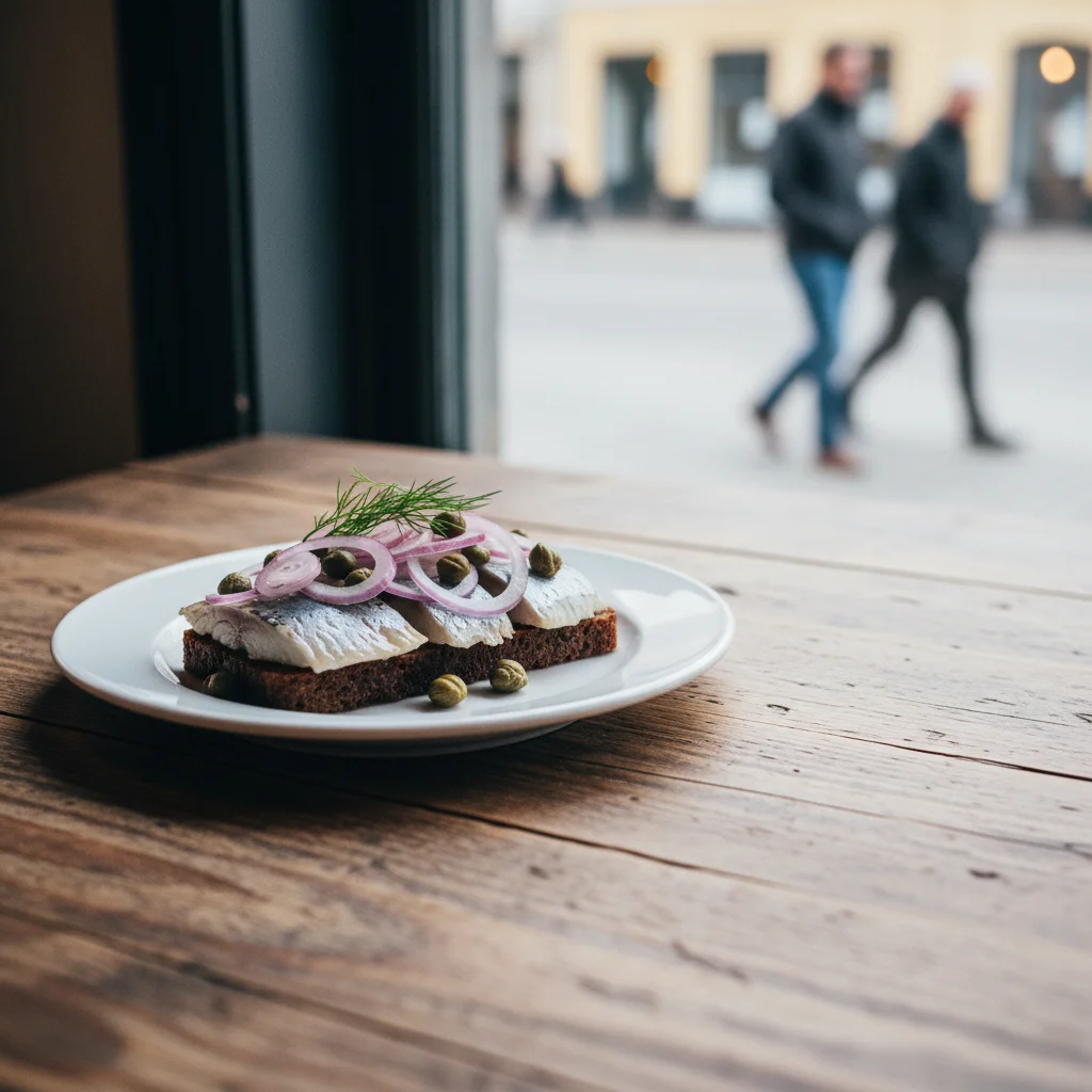 Smørrebrød mit mariniertem Hering, roten Zwiebeln und Kapern