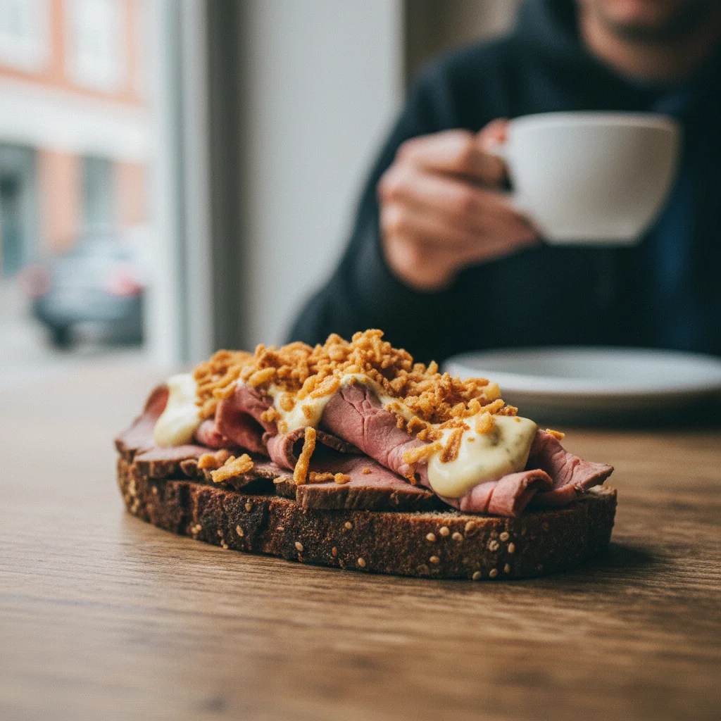 Klassisches Smørrebrød mit Roastbeef, Remoulade und Röstzwiebeln auf Rugbrød