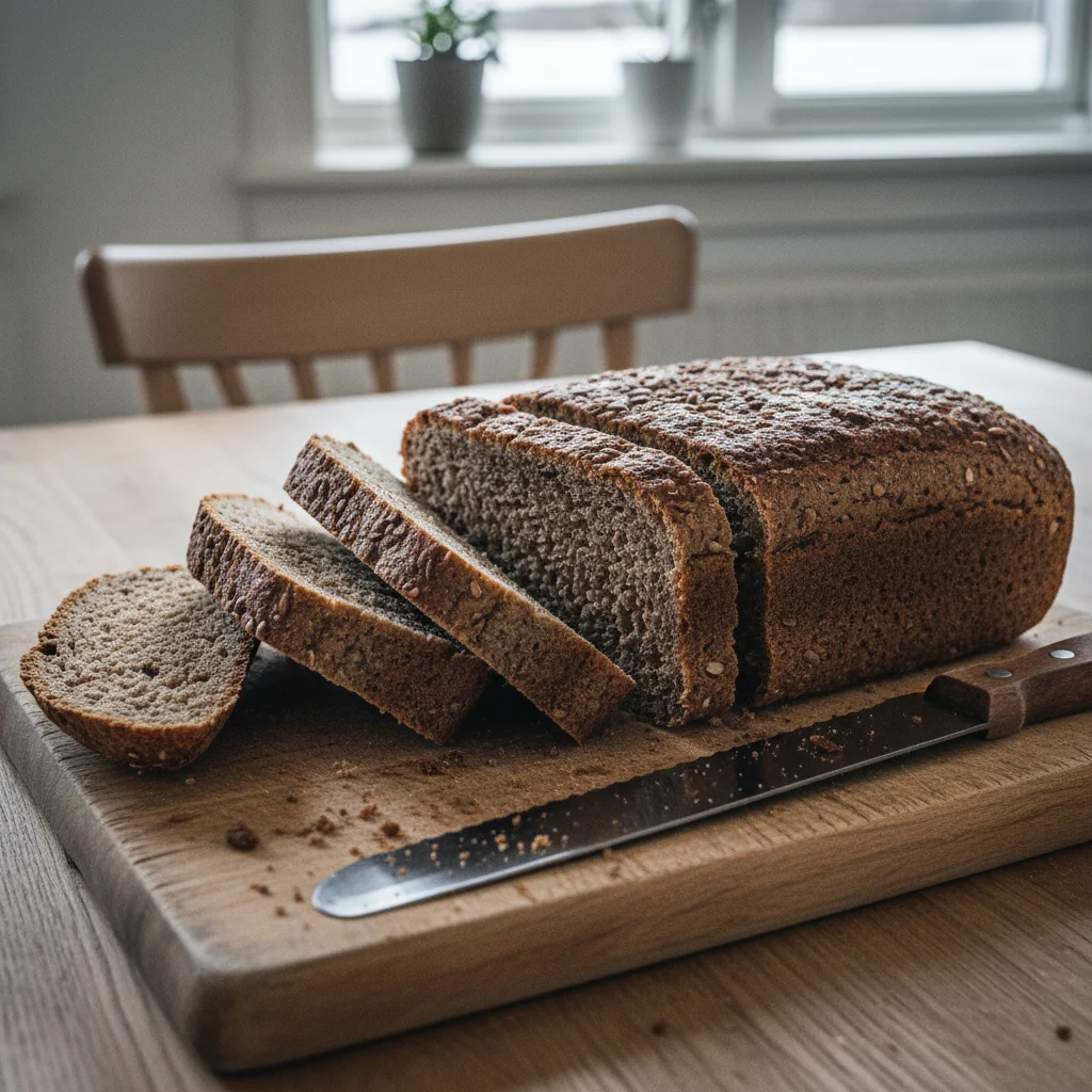 Dänisches Rugbrød, das dunkle Roggenvollkornbrot, frisch geschnitten