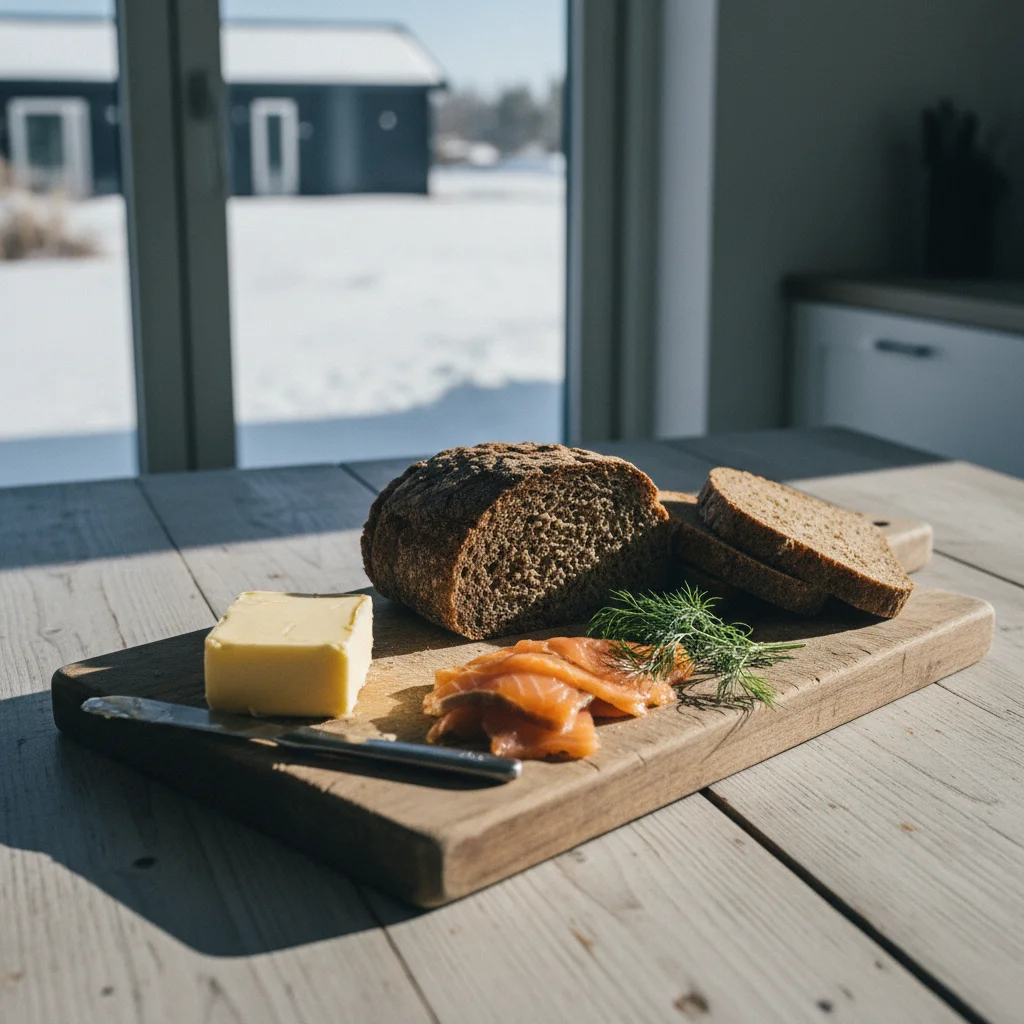 Zutaten für Smørrebrød auf einem Holzbrett: Rugbrød, Butter, Lachs, Dill
