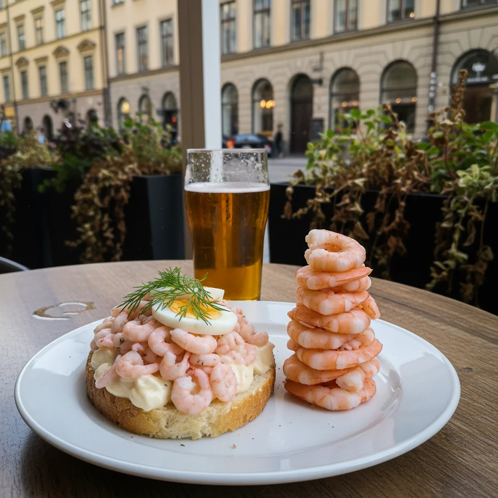 Schwedische Smörgås: offene belegte Brote mit Garnelen, Lachs, Ei und Dill auf einem Café-Tisch