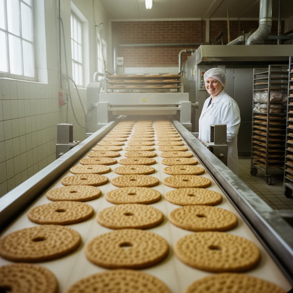Traditionelle Knäckebrot-Herstellung in einer schwedischen Bäckerei mit großen runden Fladen auf Holzgestellen