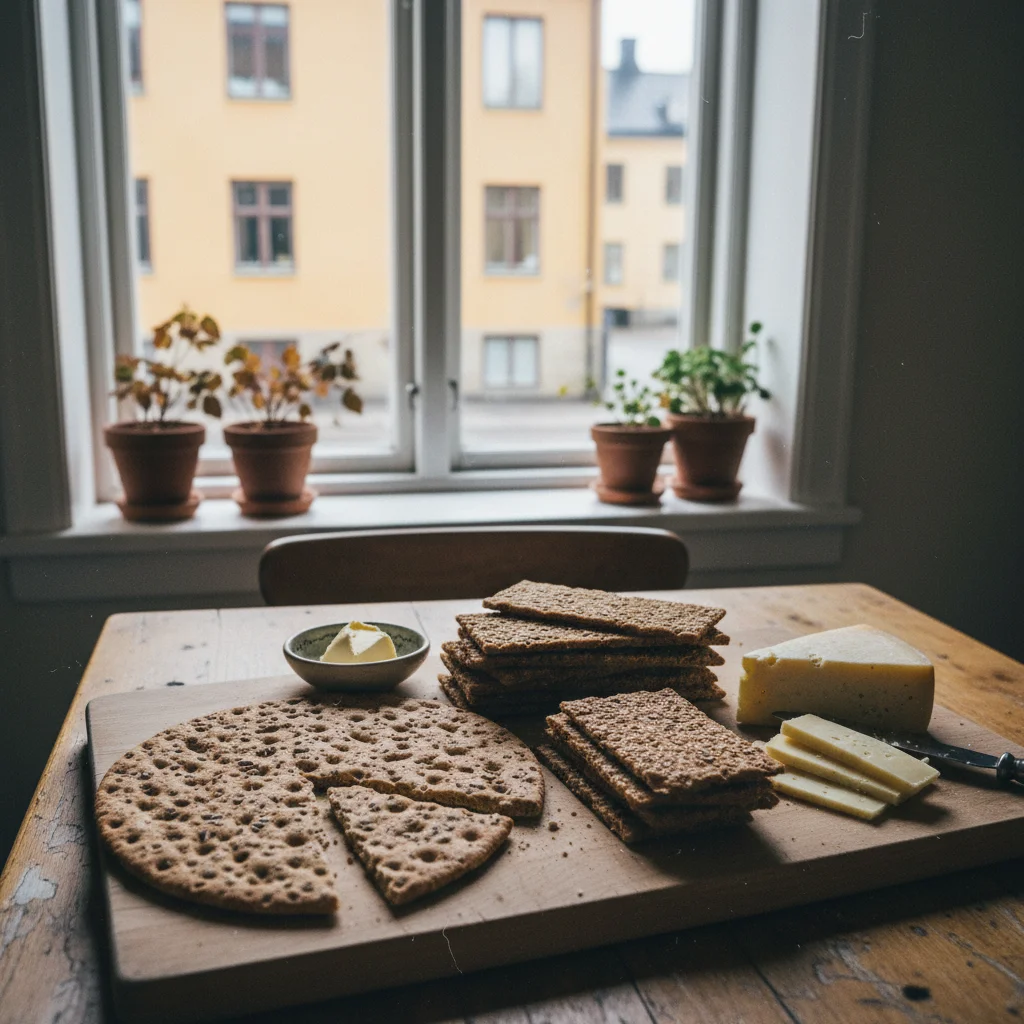 Verschiedene schwedische Knäckebrot-Sorten: dünn, dick, rund und eckig, mit unterschiedlichen Körnern