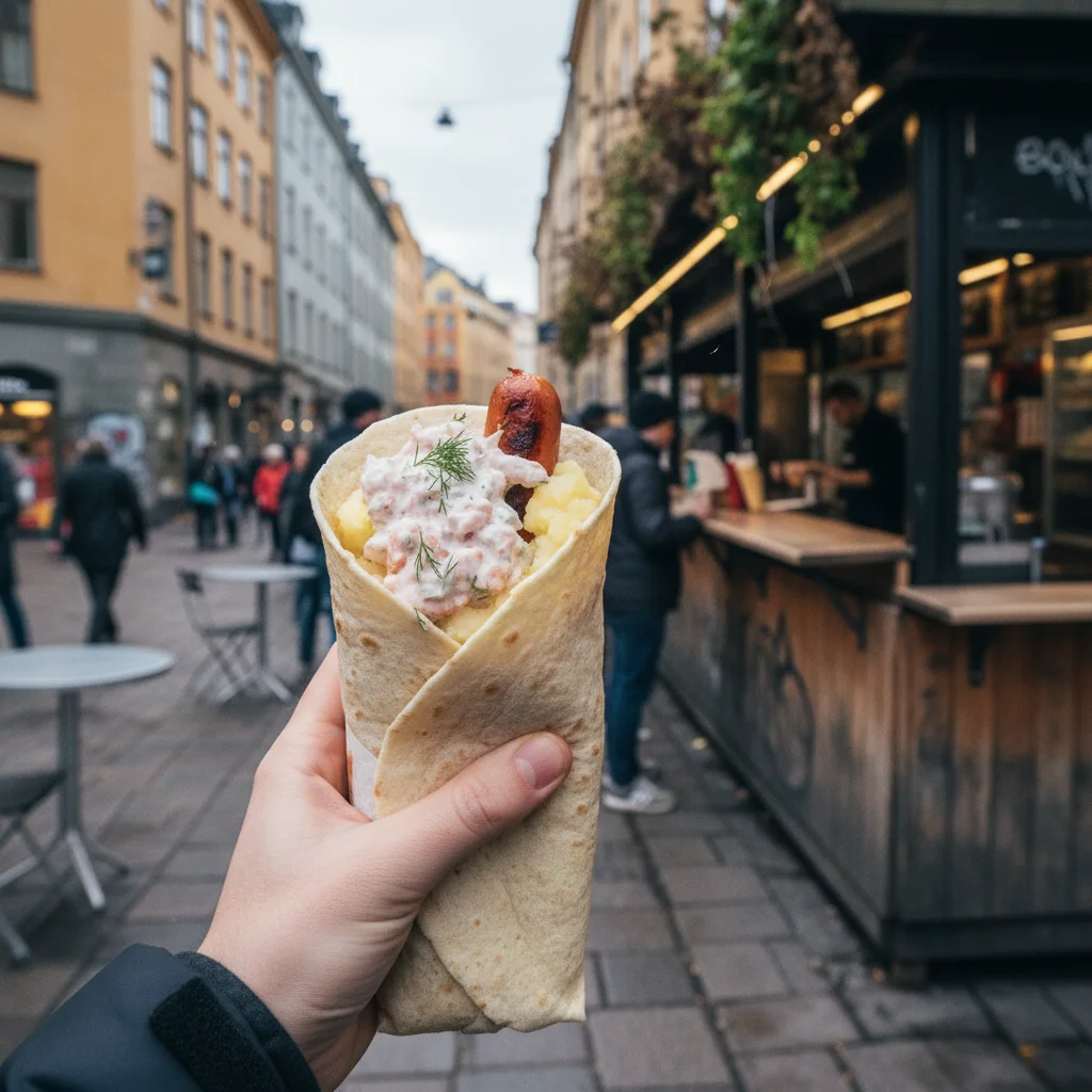Polarbröd weiches Fladenbrot mit verschiedenen Füllungen: Rentier, Lachs und Käse, aufgerollt auf einem Holzbrett
