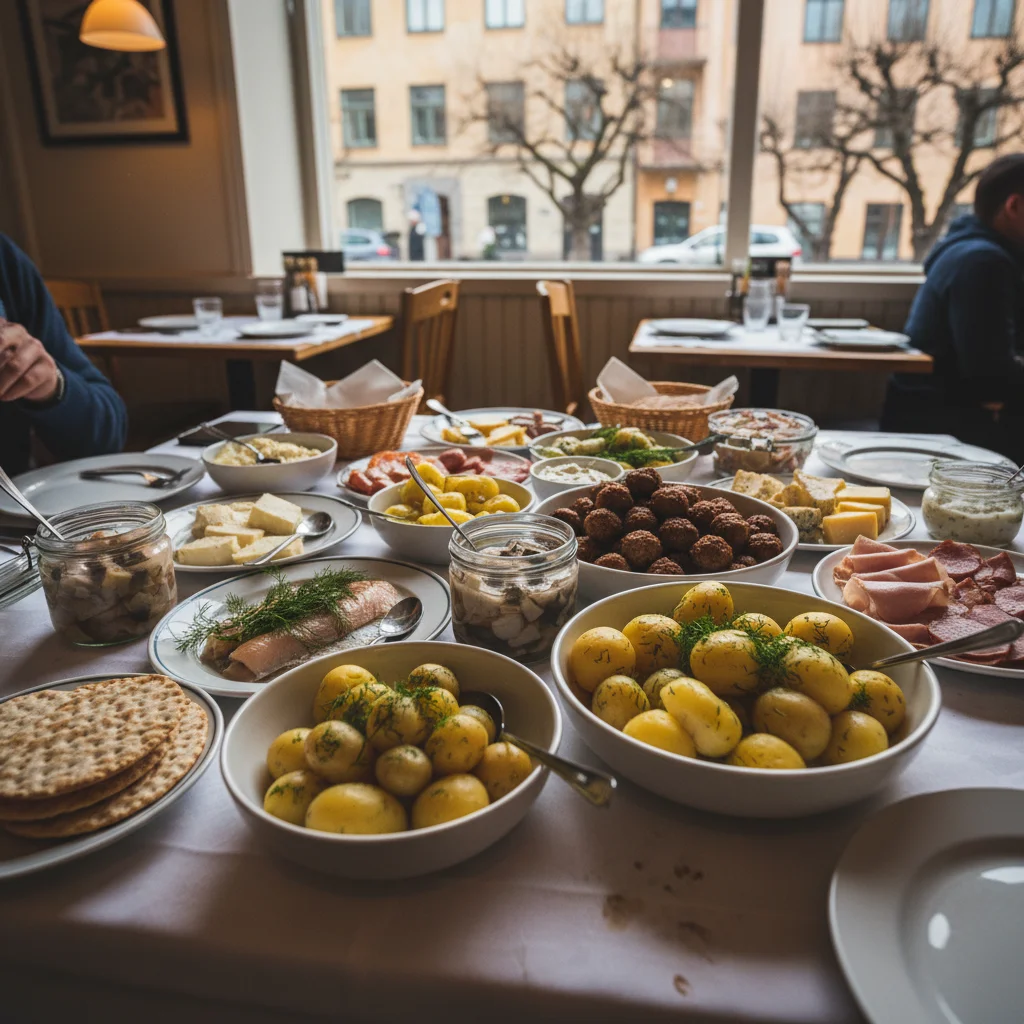 Reichlich gedeckter Smörgåsbord-Tisch mit Heringen, Lachs, Knäckebrot und verschiedenen Beilagen in einer schwedischen Stuga