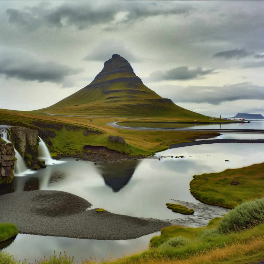 Kirkjufell Berg mit Kirkjufellsfoss Wasserfall im Vordergrund