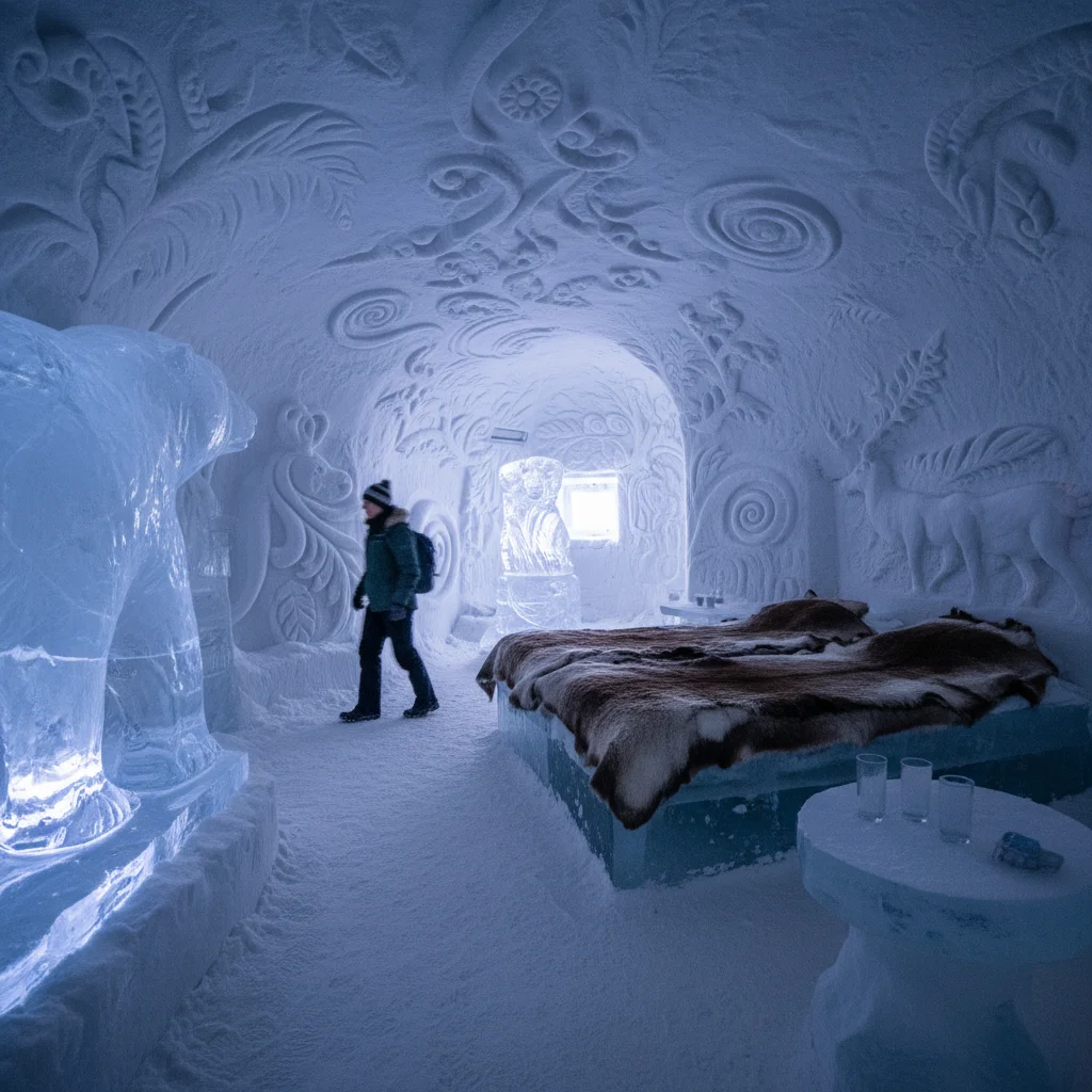 Themensuite im Snow Village Lainio mit aufwändigen Eisskulpturen