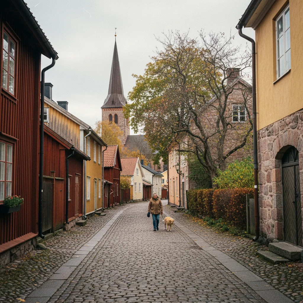 Altstadt von Söderhamn mit historischen Holzhäusern und gepflasterter Straße