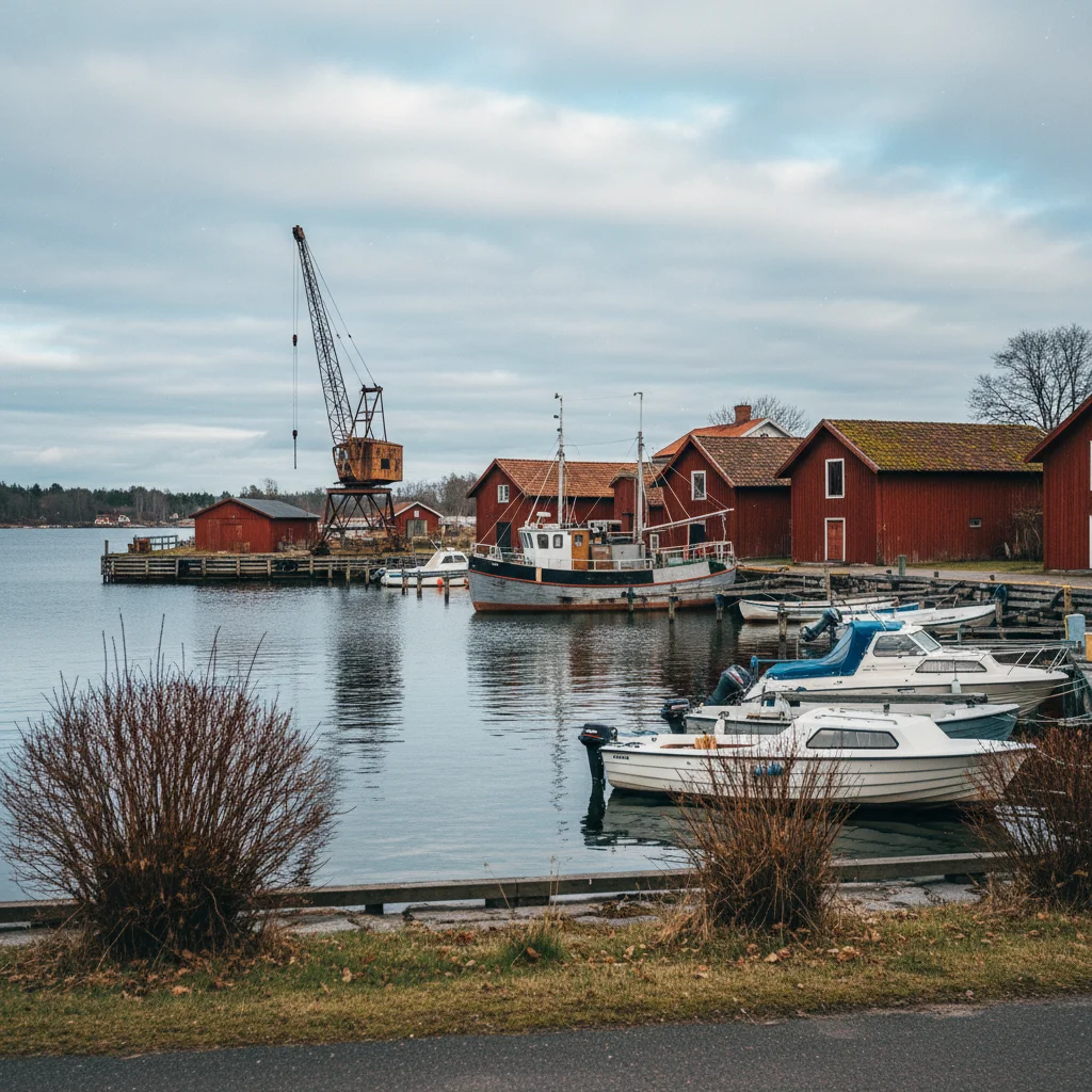 Der Hafen von Söderhamn mit Booten und Lagerhäusern