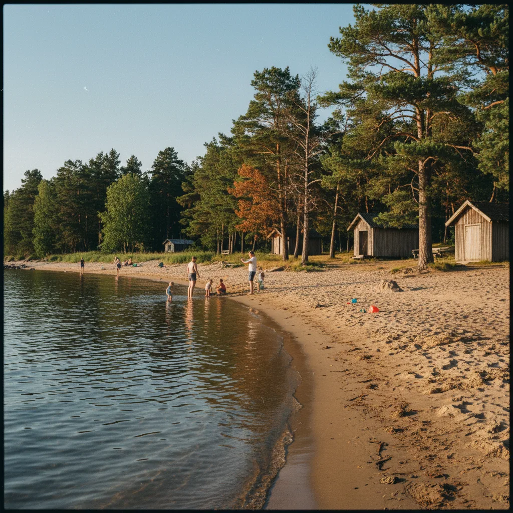 Trönöbaden Strand bei Söderhamn mit Sandstrand und Schären im Hintergrund