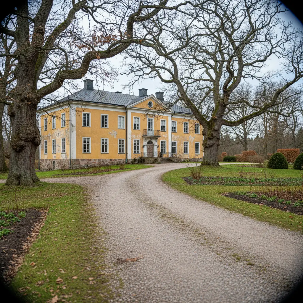 Historischer Herrenhof in Södermanland mit gelber Fassade, Parkanlage und alten Bäumen