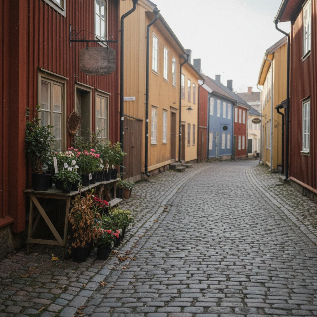 Nyköpings Altstadt mit bunten Holzhäusern am Fluss Nyköpingsån und Burgruine