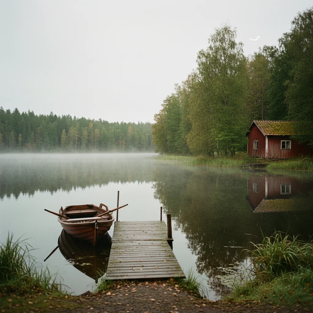 Stiller See in Södermanland mit Wald am Ufer und Spiegelung bei Sonnenuntergang