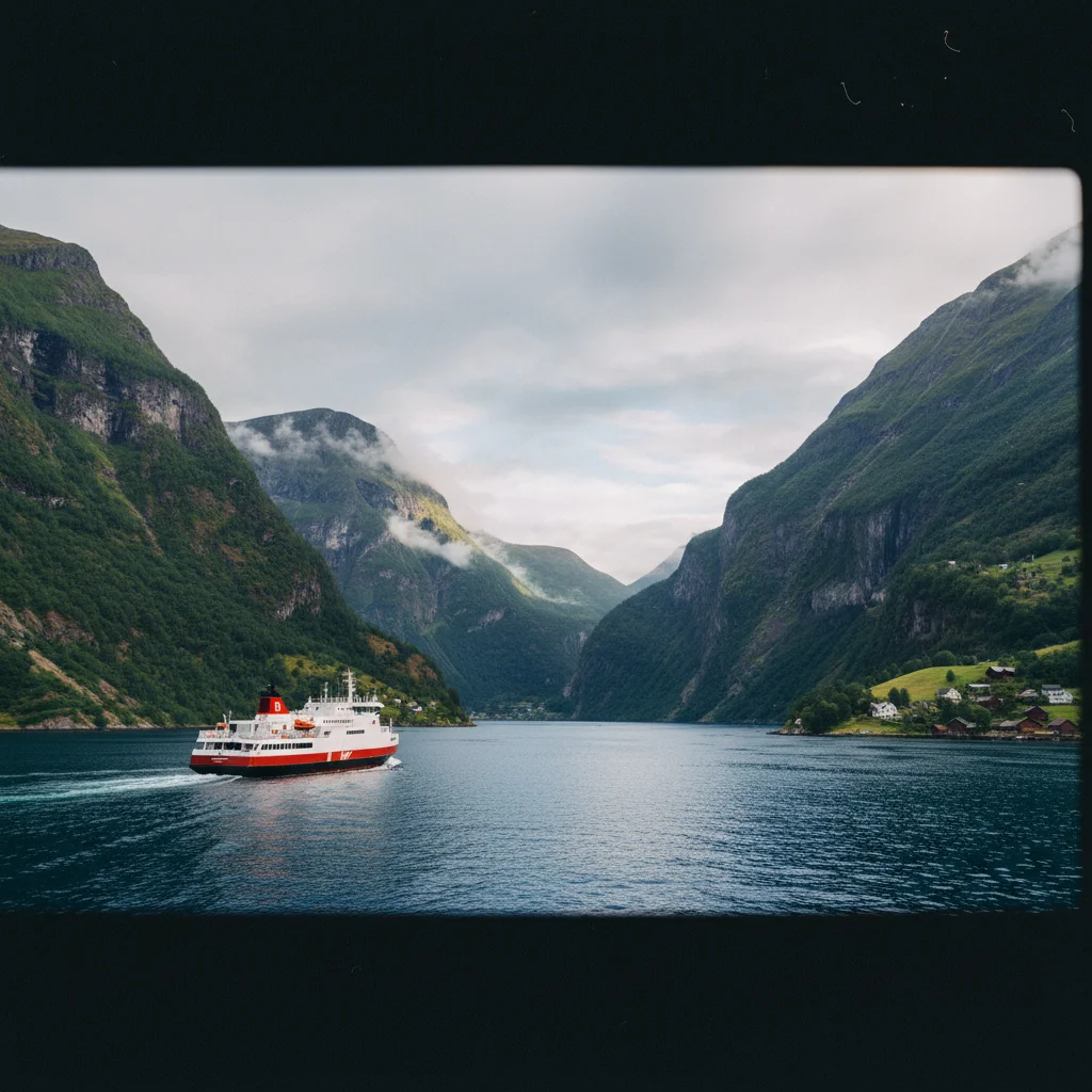 Flåm am Aurlandsfjord mit bunten Häusern und Bergen