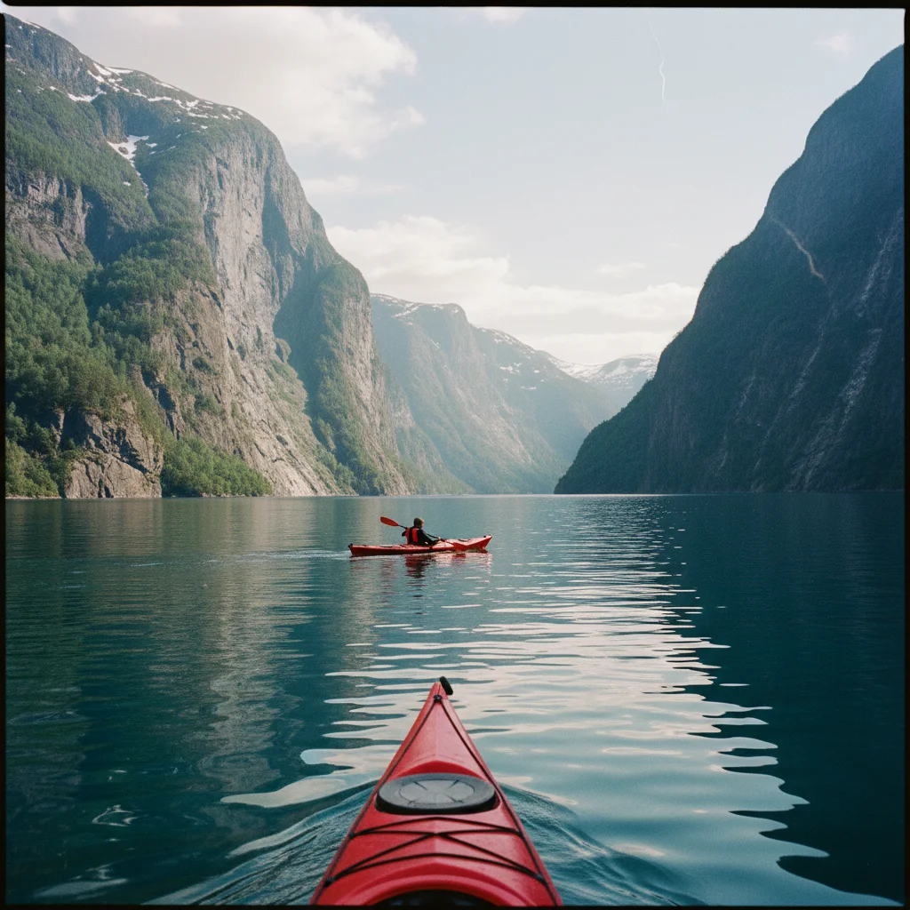 Kajakfahrer auf dem stillen Sognefjord zwischen hohen Bergen