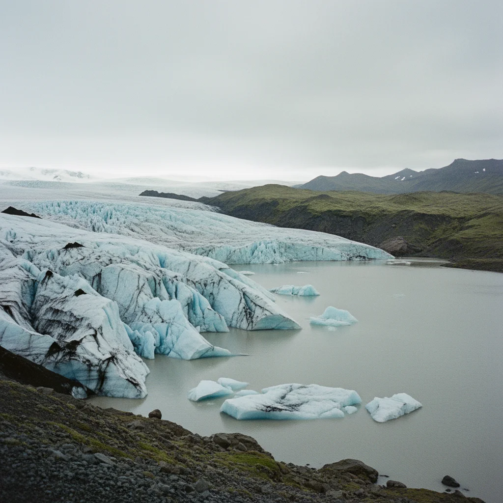 Blick auf die Gletscherzunge des Sólheimajökull mit Gletscherlagune