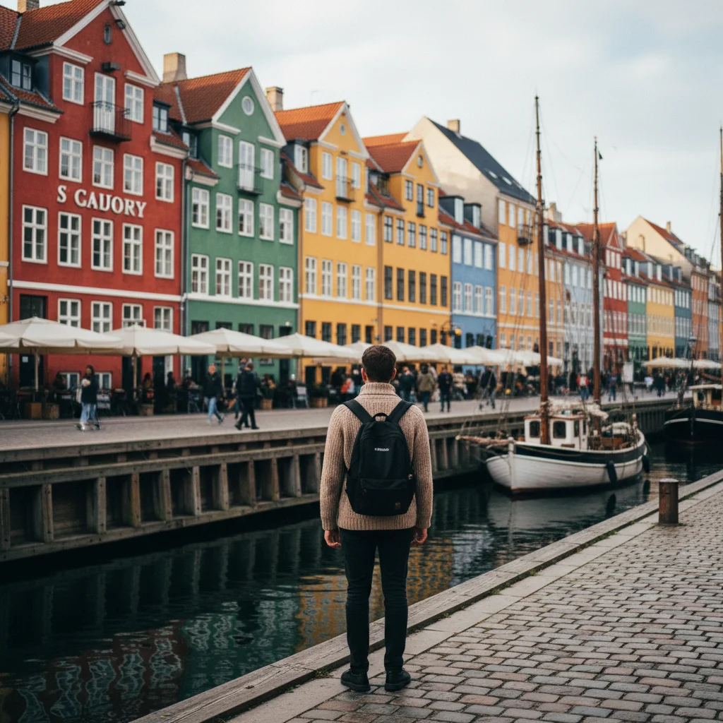 Alleinreisende Person am Nyhavn in Kopenhagen mit bunten Häusern