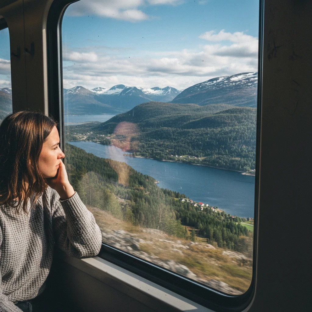 Alleinreisende Frau blickt aus einem Zugfenster auf die norwegische Landschaft