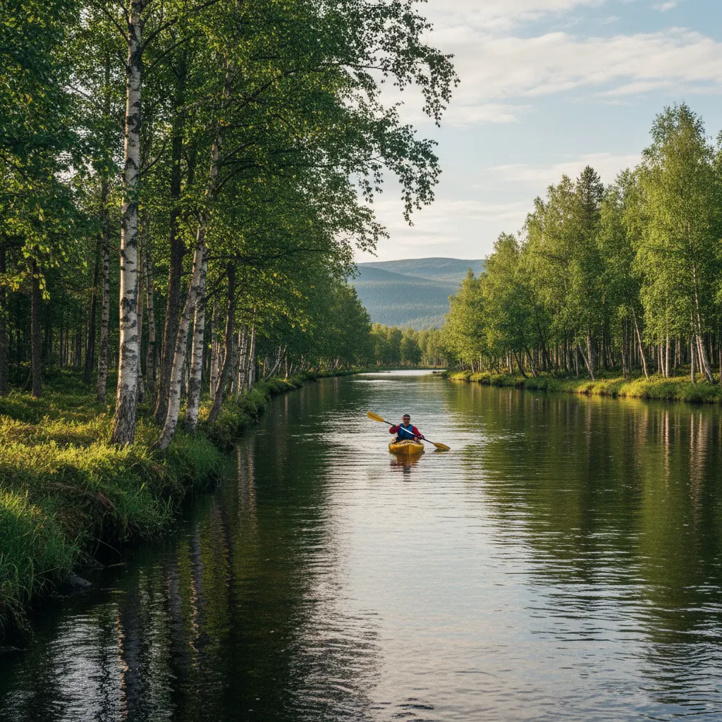 Kanufahrer auf einem ruhigen Fluss in Lappland umgeben von Birkenwald im Sommer