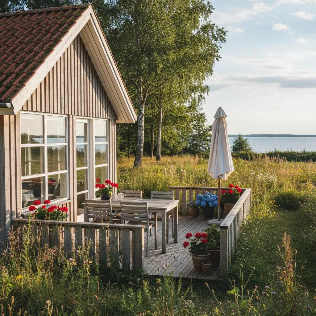 Dänisches Ferienhaus mit Terrasse im Sommer
