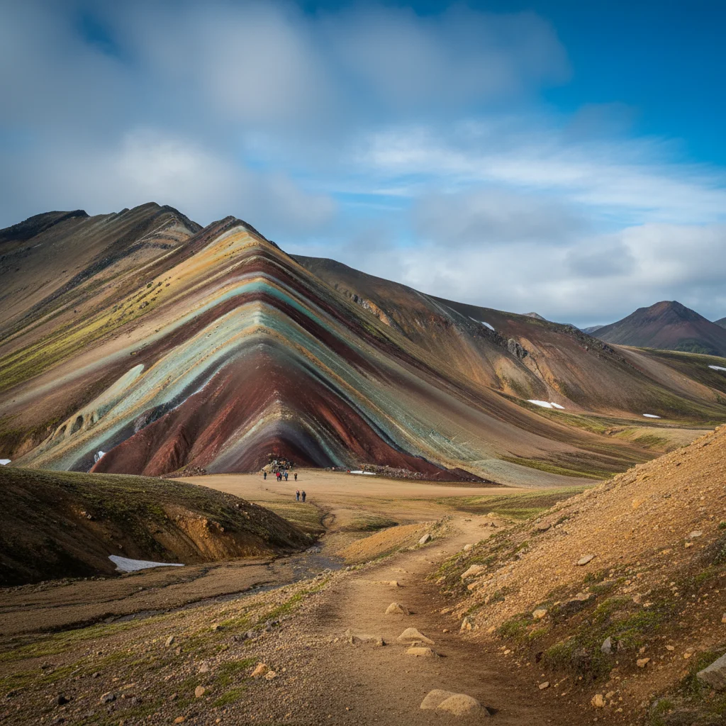 Die bunten Rhyolithberge von Landmannalaugar im isländischen Hochland unter blauem Himmel
