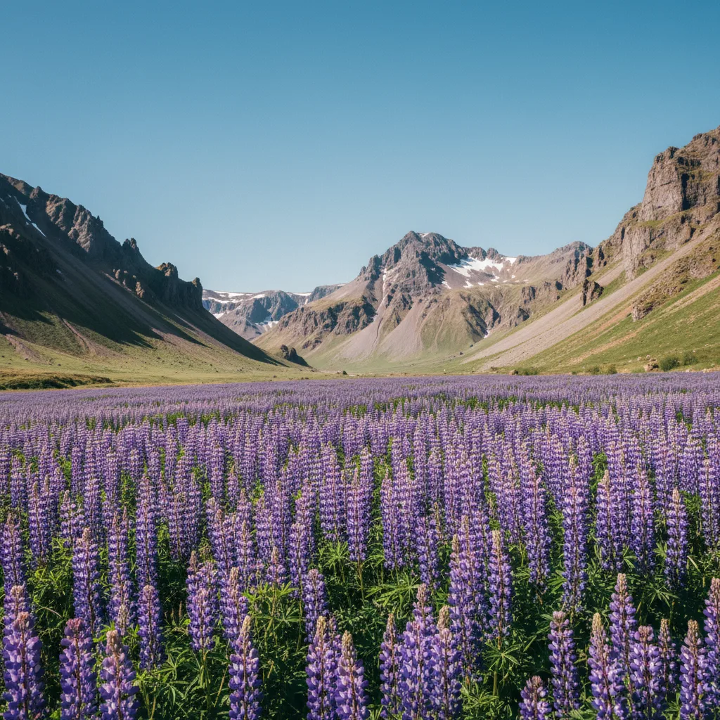 Violett blühende Lupinen in einem isländischen Tal mit Bergen und blauem Himmel