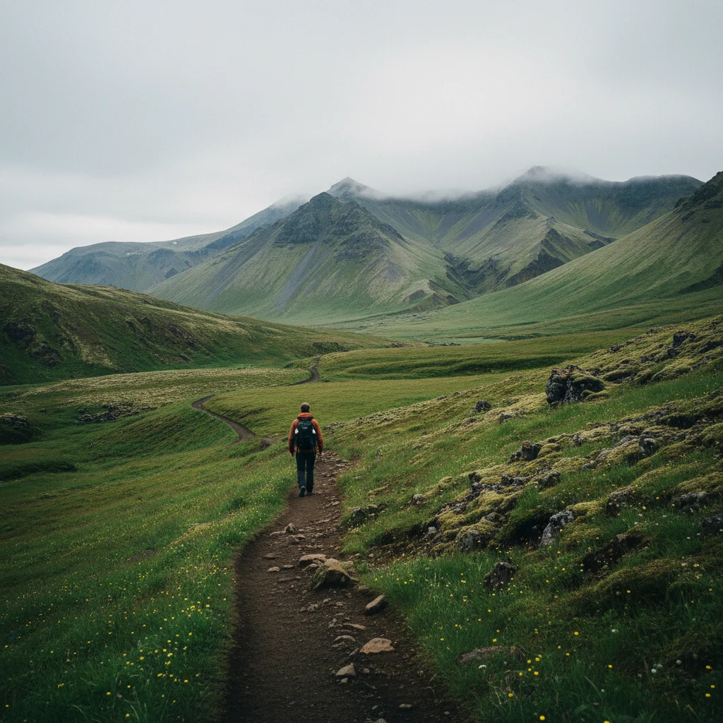 Wanderer auf einem Pfad durch die grüne isländische Sommerlandschaft mit Bergen im Hintergrund