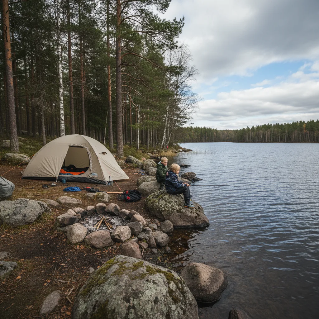 Zelt am Ufer eines ruhigen schwedischen Sees im Sommer mit Steg und Kanu im Vordergrund