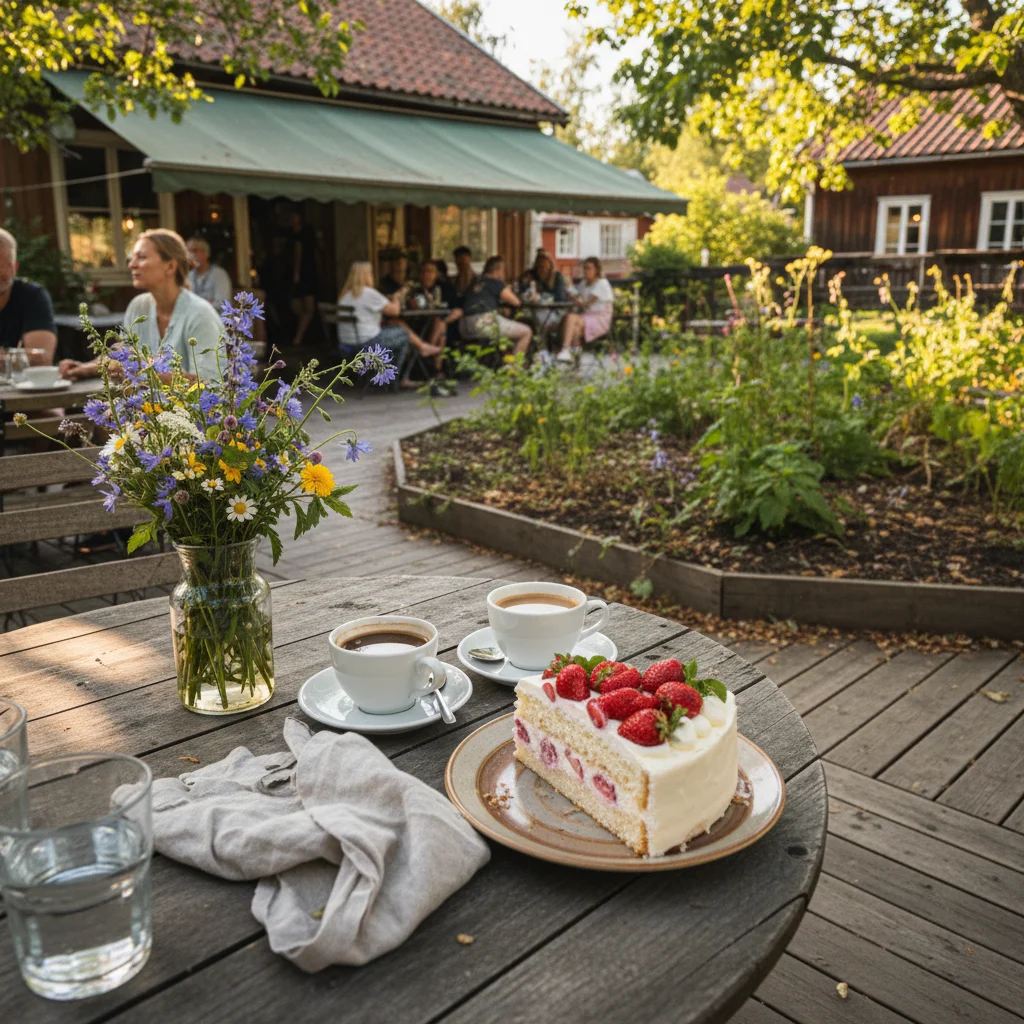 Abendliche Fika auf einer Holzterrasse am See in Nordschweden mit Mitternachtssonne über dem Wasser