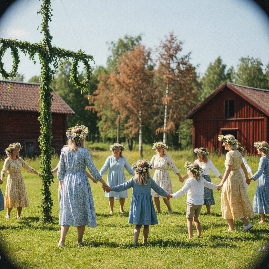 Midsommarstång mit Blumenkränzen auf einer grünen Wiese, umringt von tanzenden Menschen in traditioneller Kleidung
