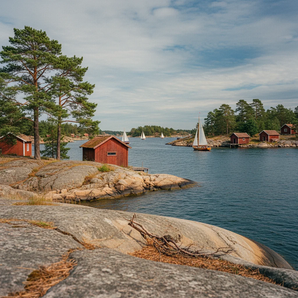 Rote Bootshäuser und Segelboote in einem Naturhafen des Stockholmer Schärengartens mit blanken Granitfelsen