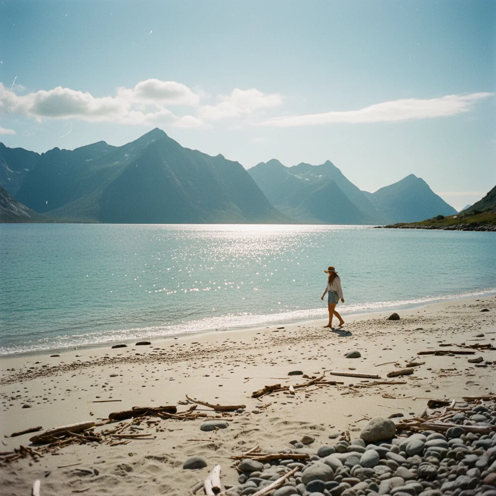 Weißer Sandstrand auf den Lofoten im Sommer