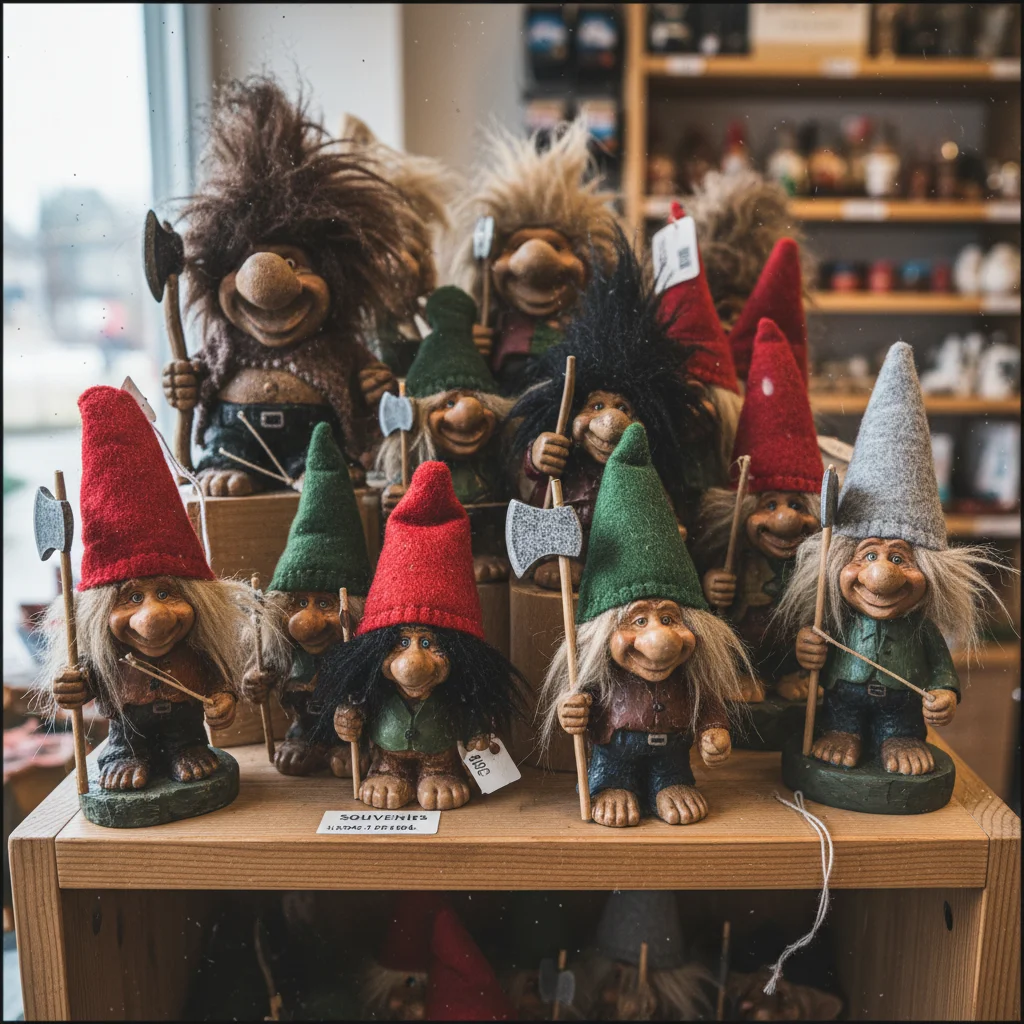 Handgefertigte norwegische Trollfiguren aus Holz und Ton