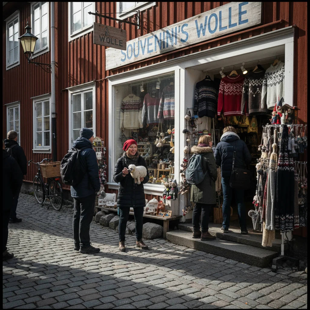 Norwegische Wollpullover mit traditionellen Mustern in einem Geschaeft