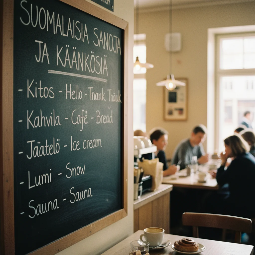 Finnische Wörter auf einer Tafel in einem Café in Helsinki mit Übersetzungen