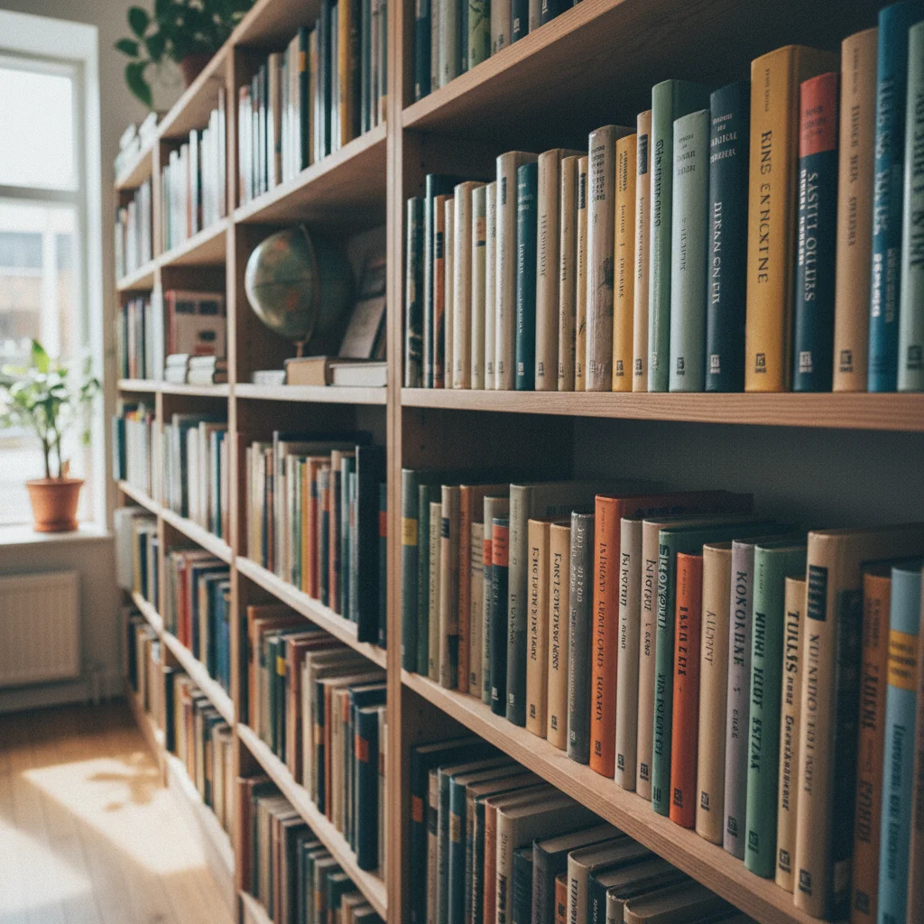Bücher in verschiedenen skandinavischen Sprachen nebeneinander aufgereiht in einem Buchladen