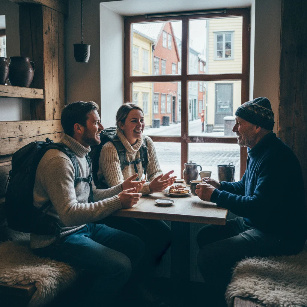 Touristen im Gespräch mit einem Einheimischen in einem skandinavischen Café