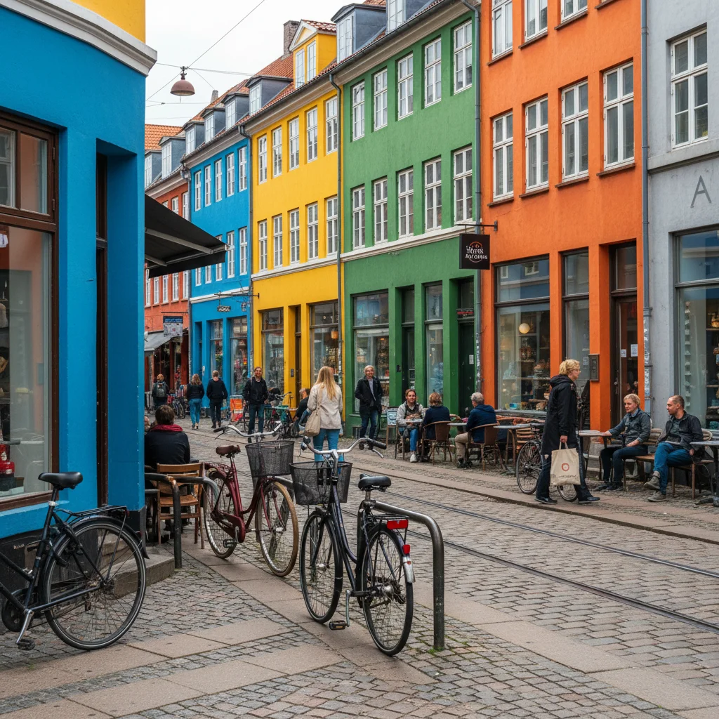 Straßenszene in Nørrebro mit bunten Läden und Cafés