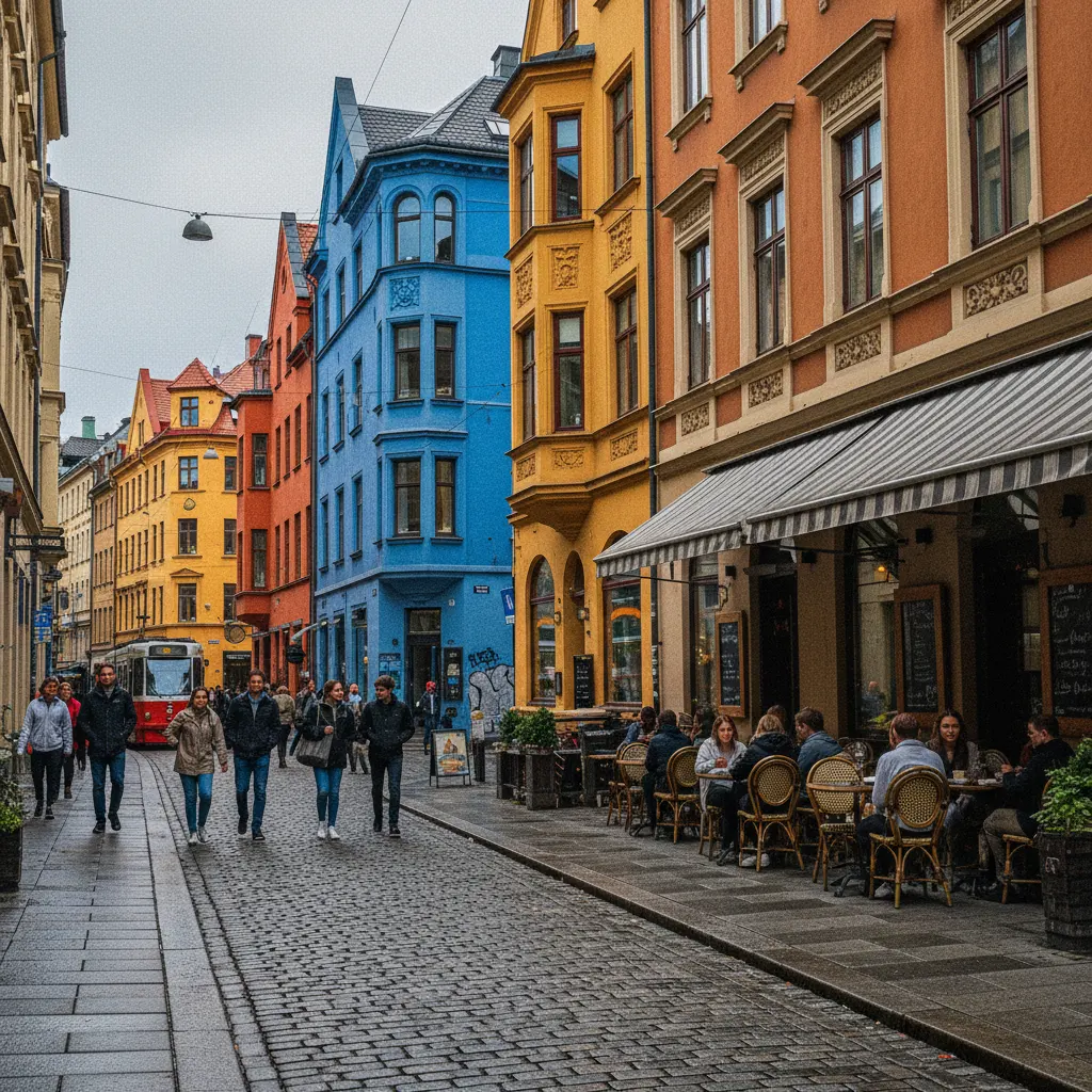 Straßenszene im Viertel Grünerløkka in Oslo mit Cafés und bunten Hausfassaden