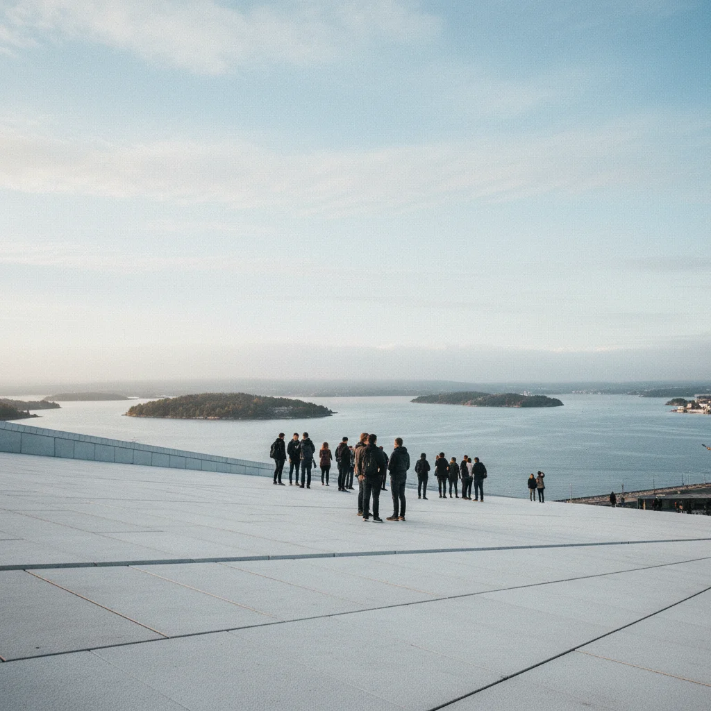 Menschen auf dem Dach der Osloer Oper mit Blick auf den Fjord