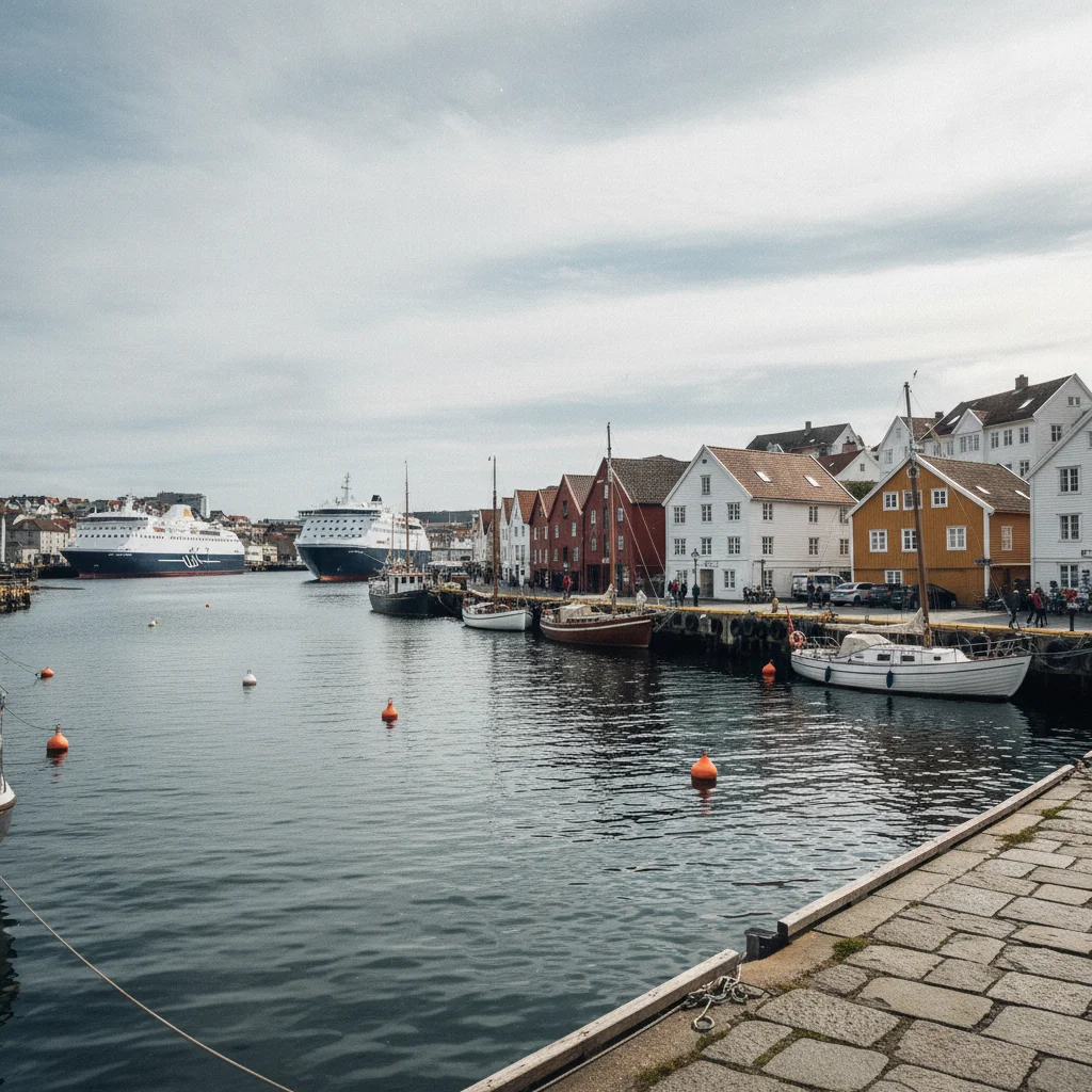 Der Hafen Vågen in Stavanger mit Booten und Restaurants