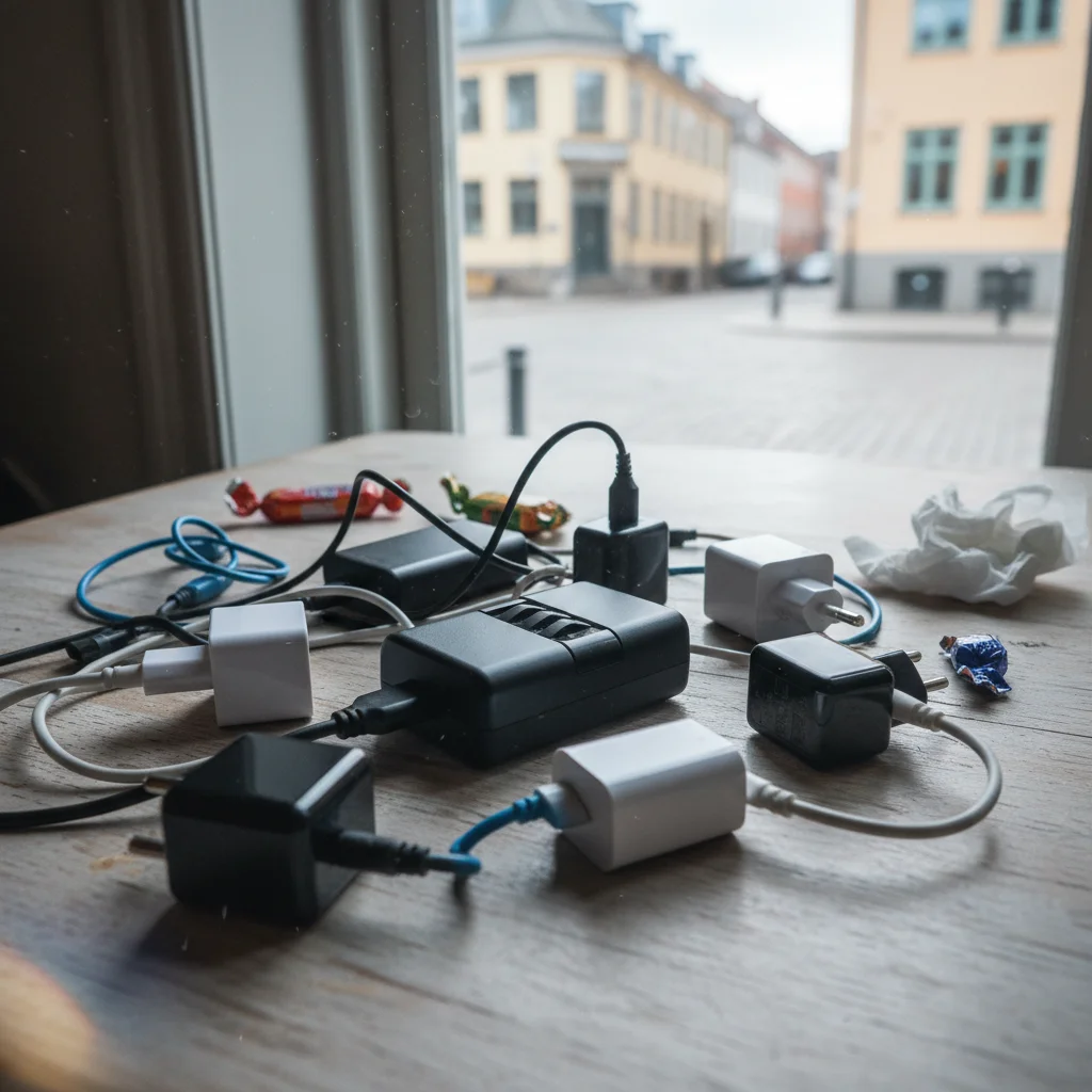Verschiedene Reiseadapter und Ladegeräte auf einem Tisch