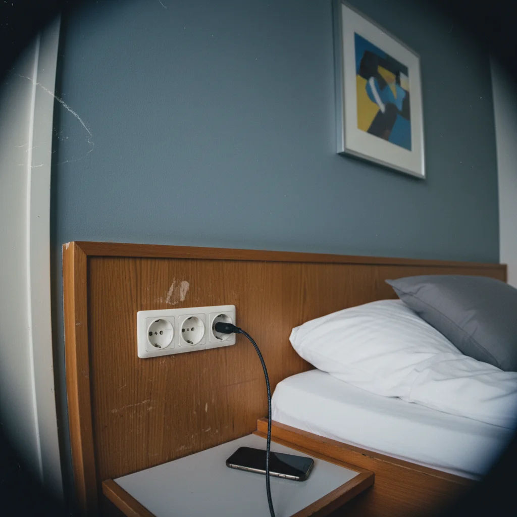 Steckdosen neben dem Bett in einem schwedischen Hotelzimmer
