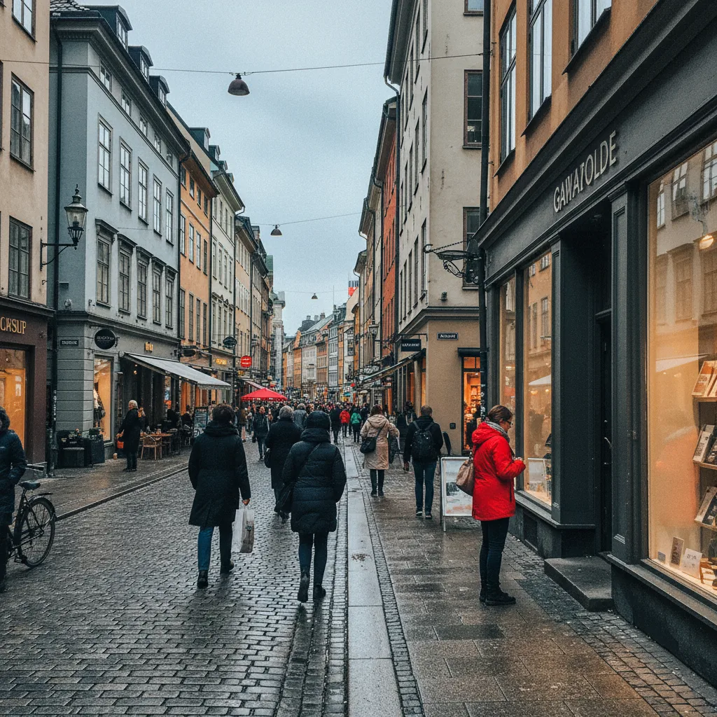 Einkaufsstraße in einer skandinavischen Stadt mit Geschäften