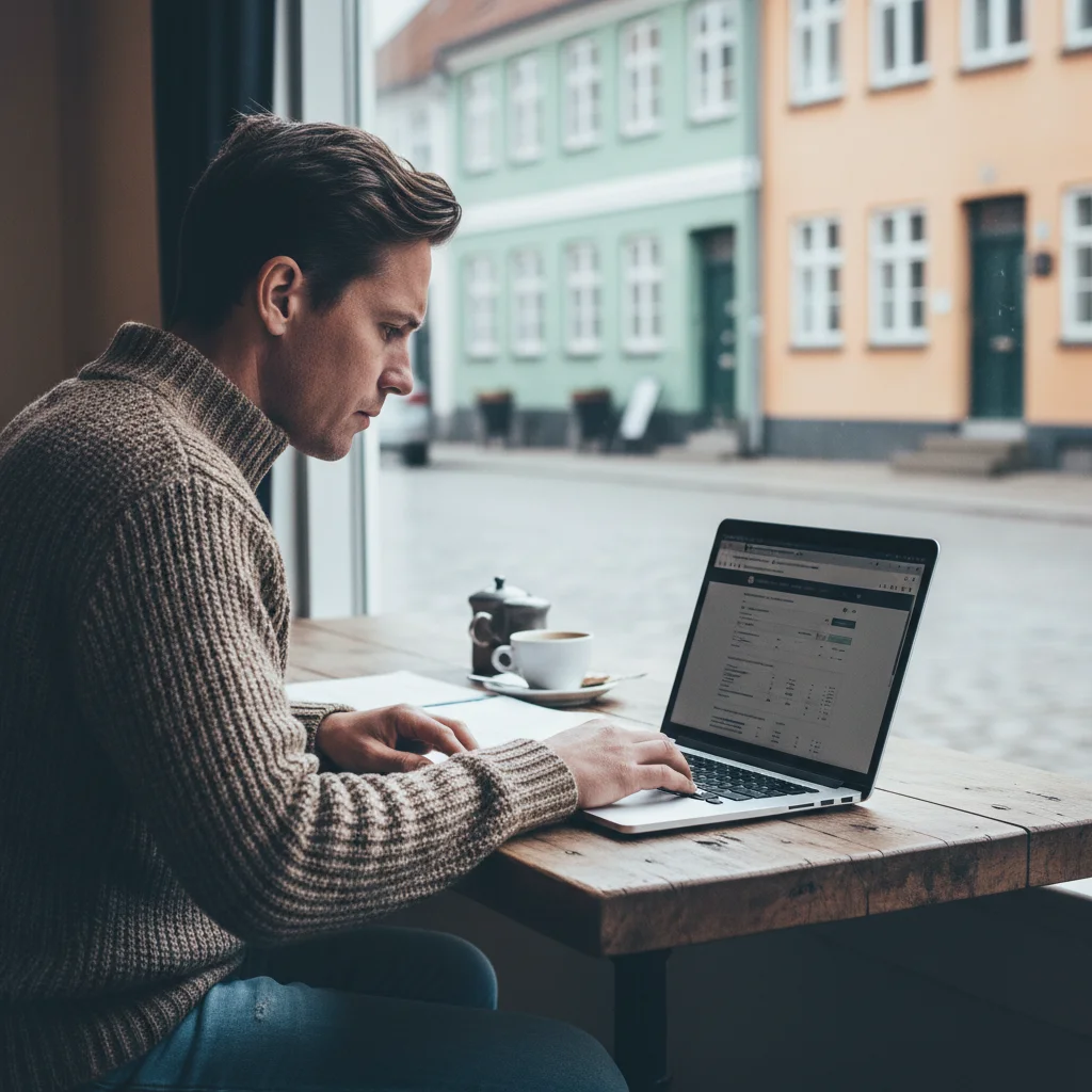 Person prüft Steuerabrechnung am Laptop auf skat.dk