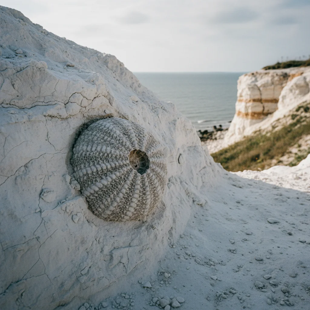 Fossil eines Seeigels in der Kreide von Stevns Klint