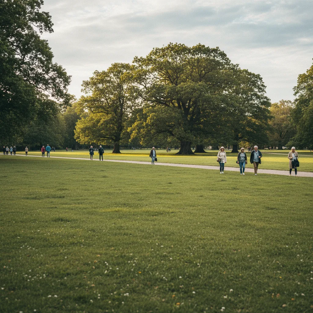 Grüne Wiese auf Djurgården mit Spaziergängern und alten Eichen im Sommerlicht